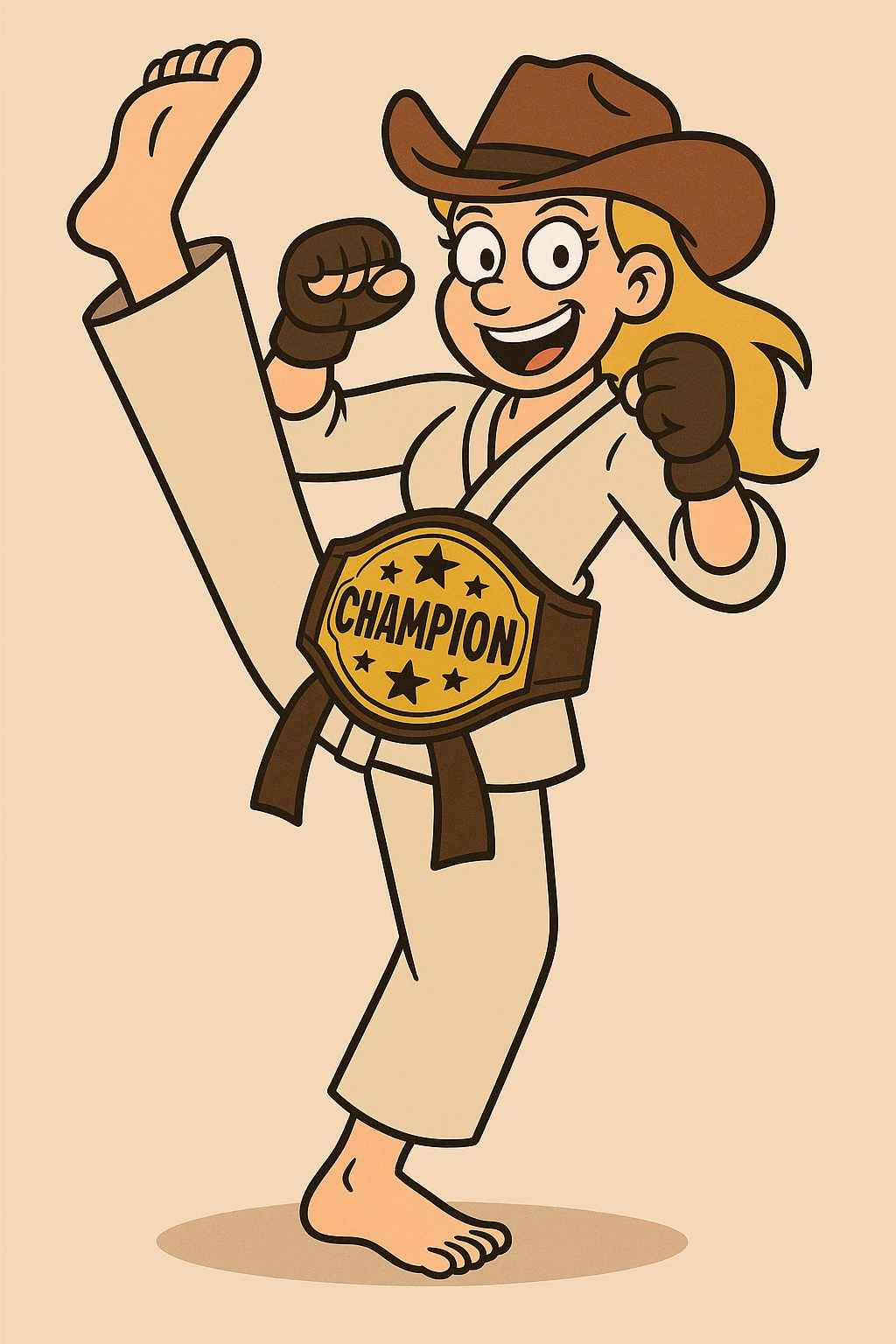 Add a large, shiny championship belt around her waist, making it prominent and detailed, in the same flat toon style. emoji