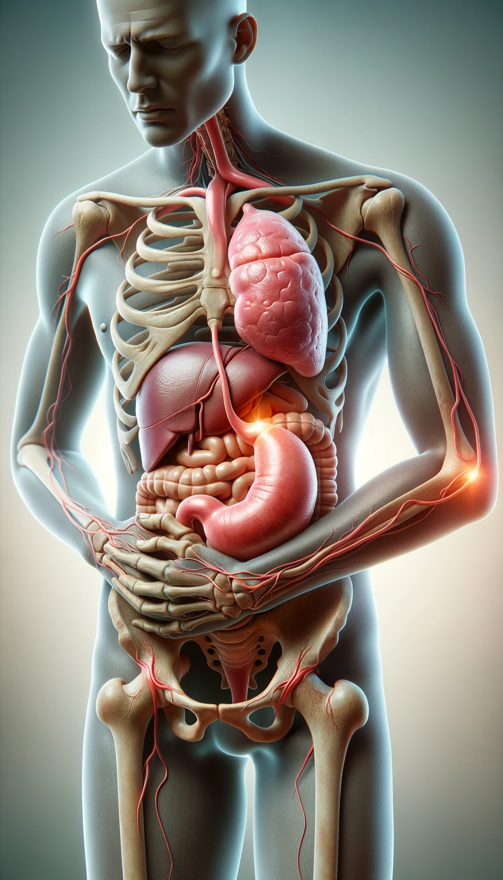 cistifellea umana anatomica realistica e intestino sono collegati nel dolore, sfondo chiaro emoji