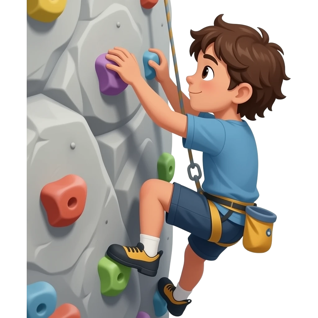 un niño de 12 años que se le vea todo el cuerpo, que sea moreno y que tenga el pelo muy largo. no tan moreno. que este escalando de espaldas y que solo este el chico emoji