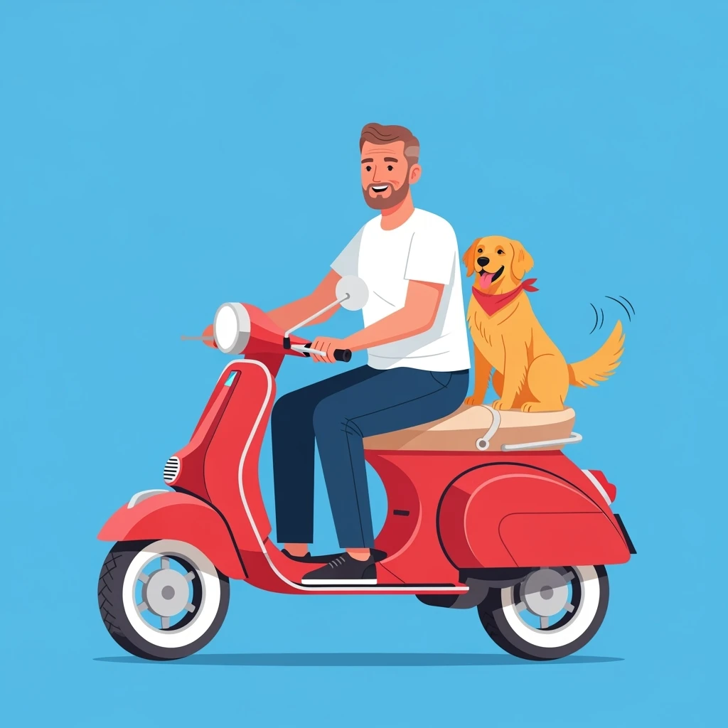 vector art of a man and his pet dog riding a vespa, for website design  emoji