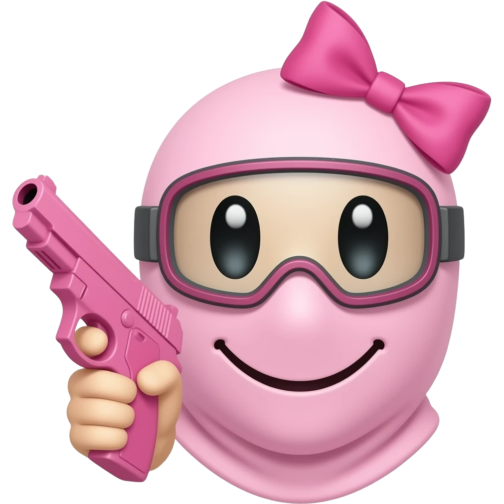 YN cunty emoji. Smiley face with pink ski mask, holding a pink gun, bow on top of the ski mask emoji