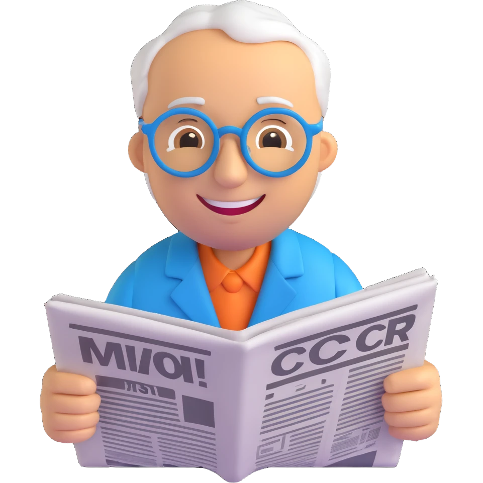 3D smiley emoji, round shape, grandfather with glasses reading a newspaper, blue color, smiling face emoji