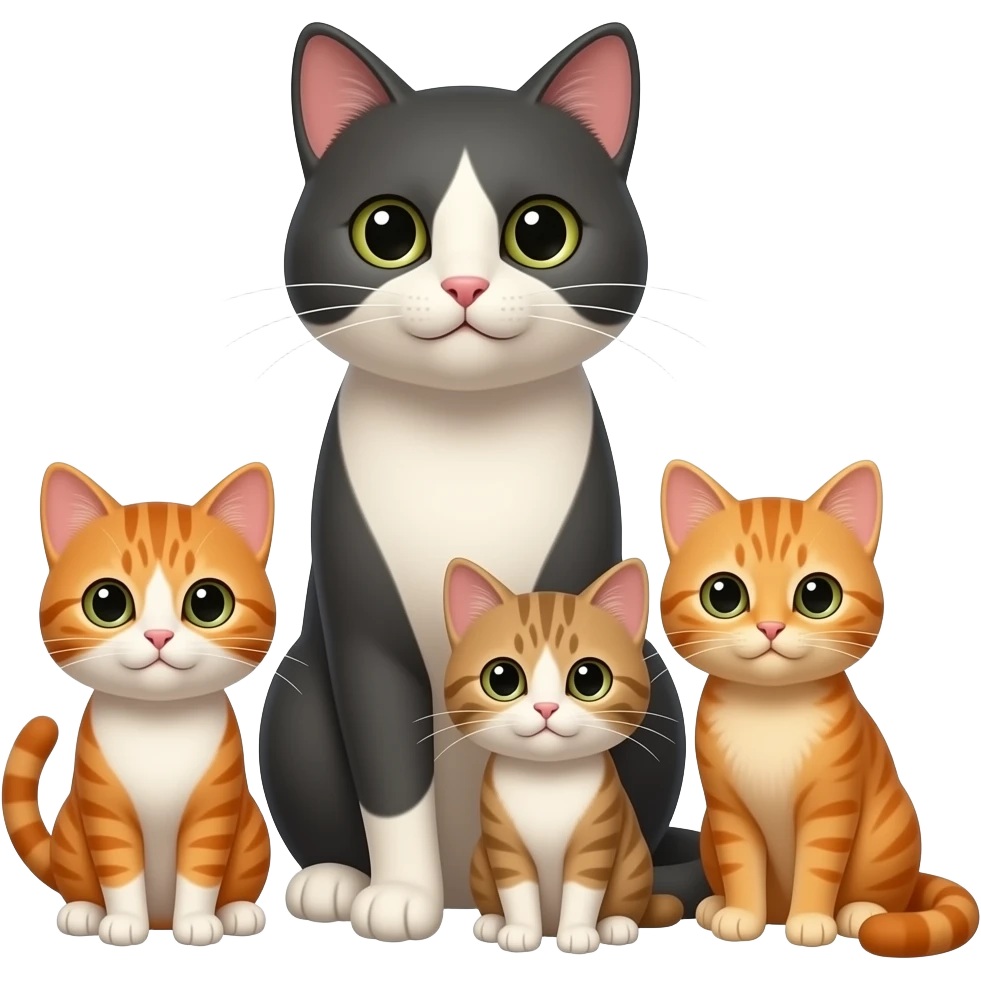 quattro gatti: una mamma con tre gattini (uno rosso) emoji