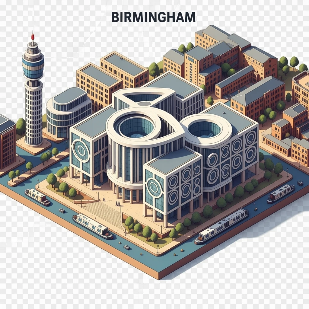Isometric illustration of Birmingham, photorealistic the Library of Birmingham with its modern architecture, balanced between stylized and realistic, 3D miniature effect, transparent background. emoji