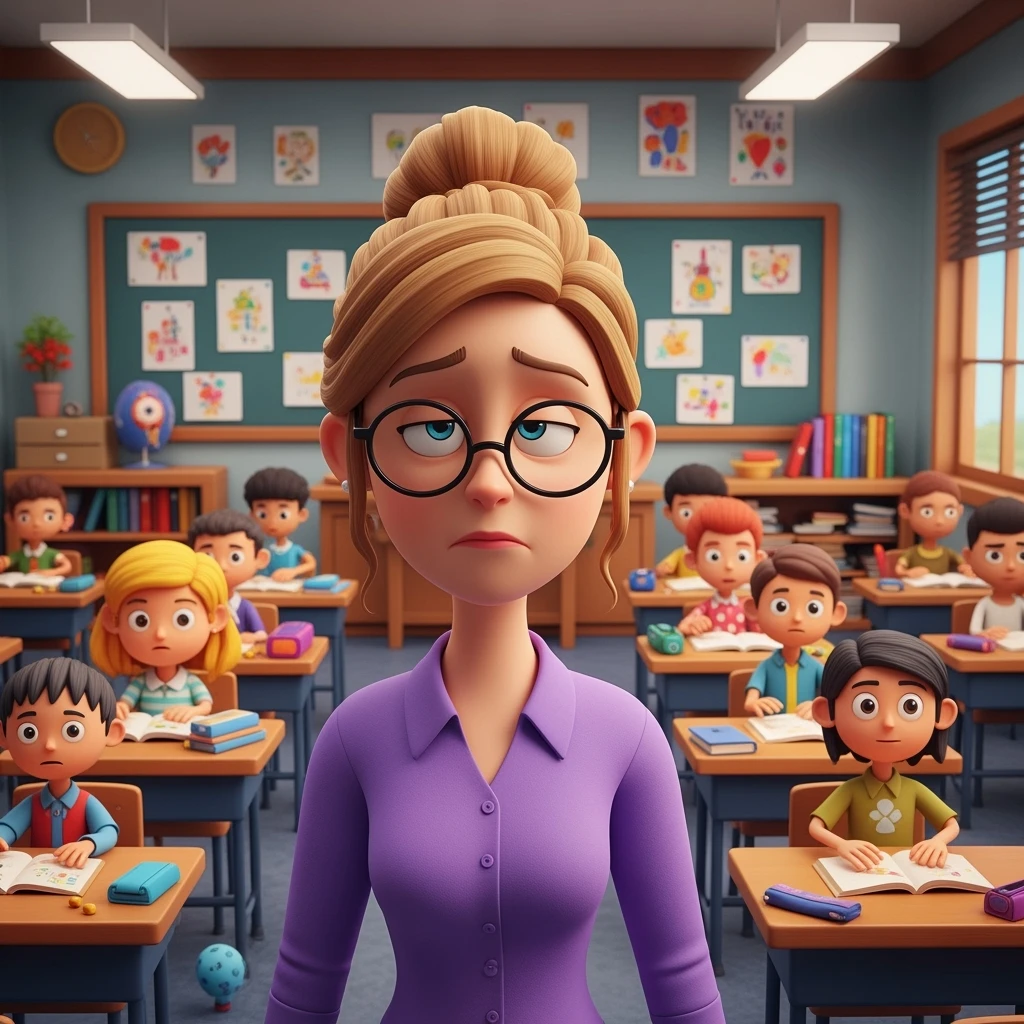 3d cartoon art of a exhausted teacher in a bustling classroom emoji