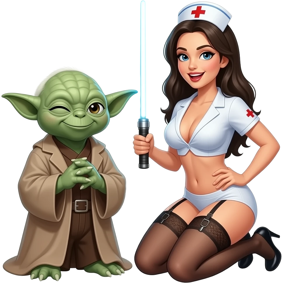 Yoda smiling with a wink, with a lady, nurse ,topless, more cleavage  top of clothes more low cuta large light saberlarge breasts, garter belt, kneeling , mouth open emoji