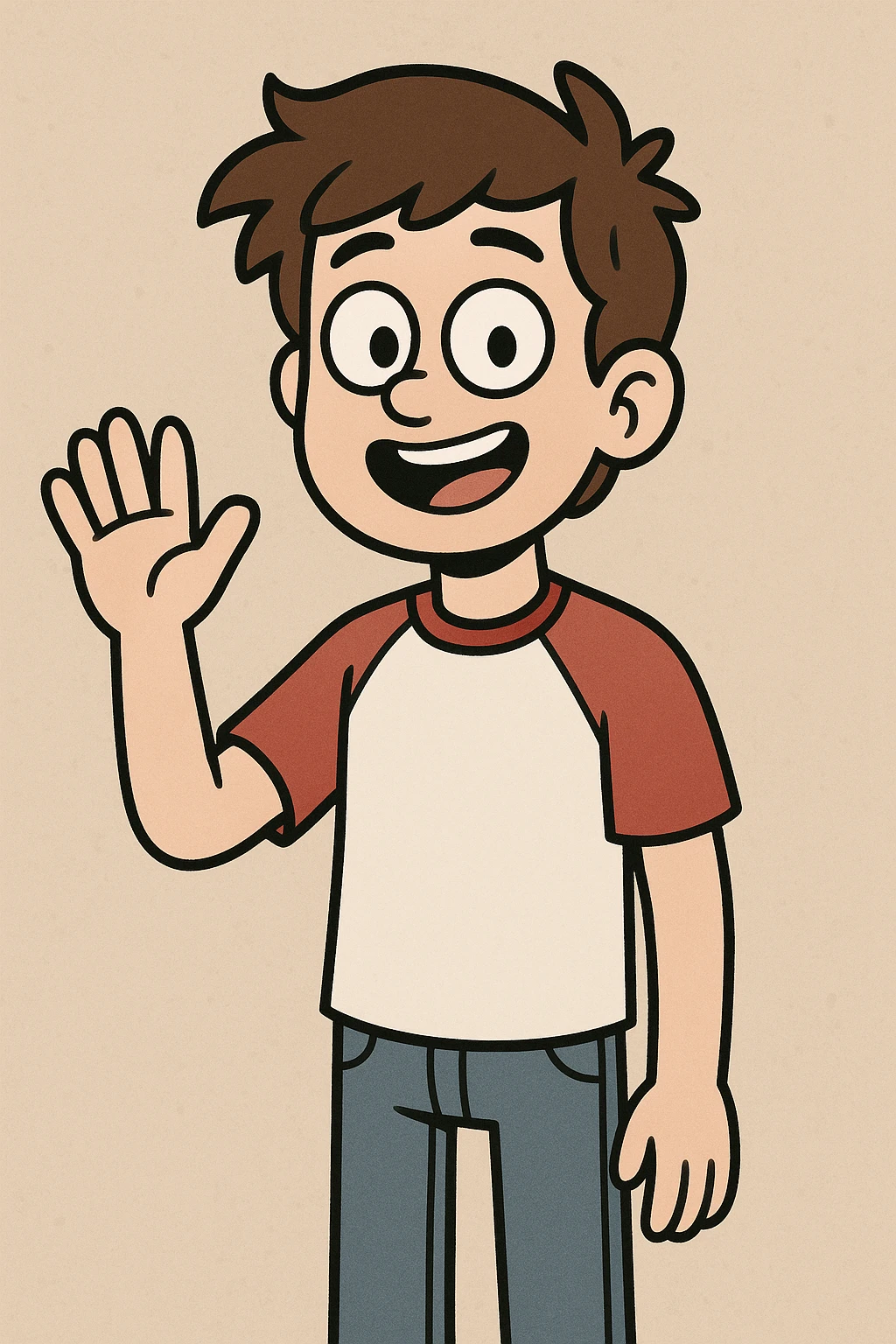 A boy brown hair black eyes red white shirt blue jeans a hand hello  emoji