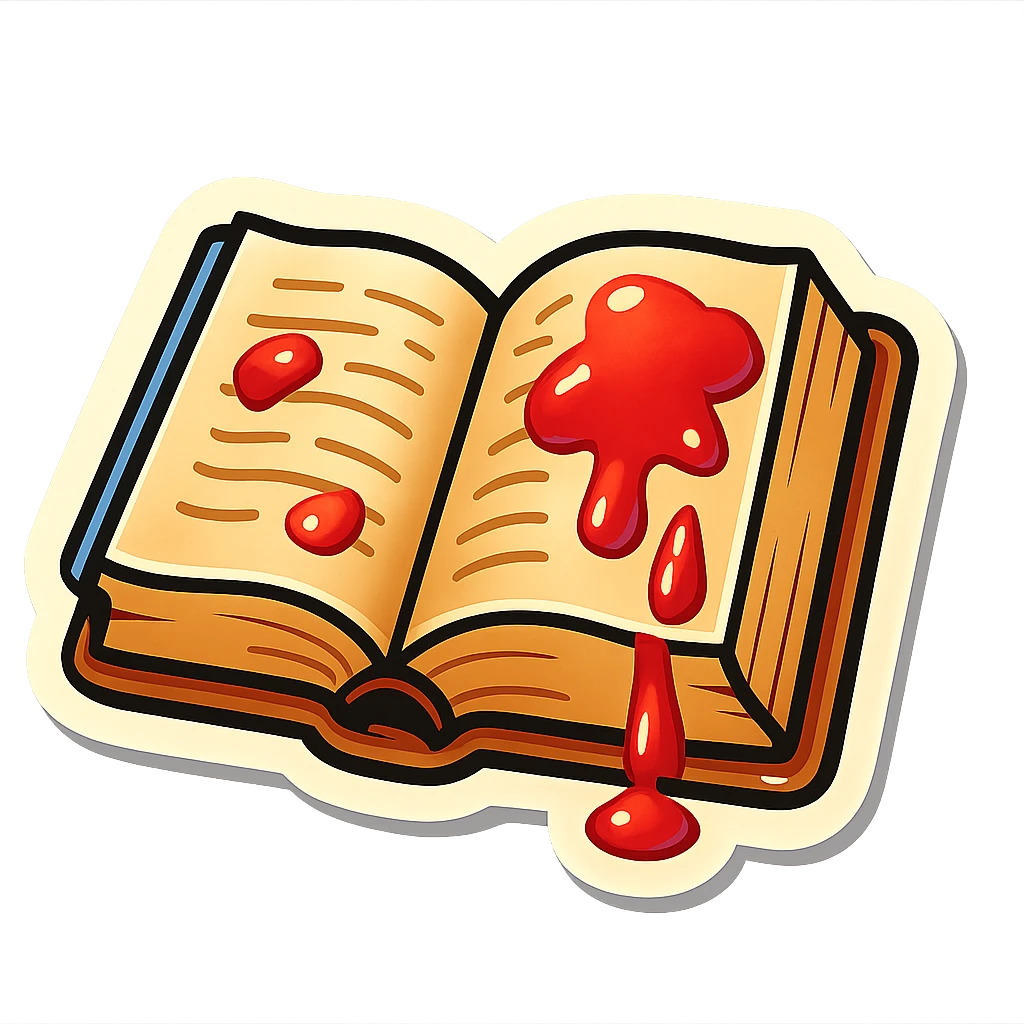 open old book with blood on pages, sharp black outlines, no gradients, clear shadows and highlights, retro stickers style emoji