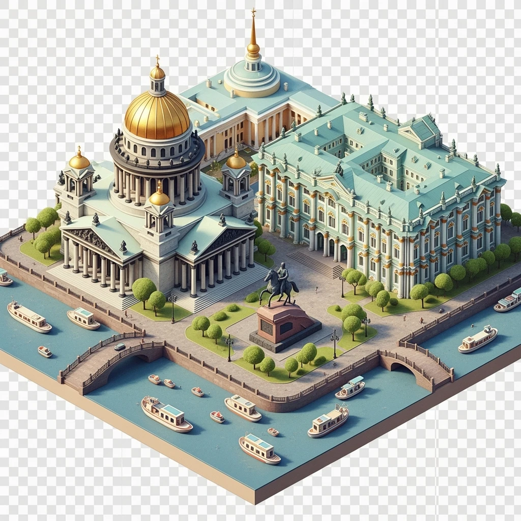 Isometric illustration of Saint Petersburg with the Saint Isaac’s Cathedral, the photorealistic Winter Palace, and the Bronze Horseman statue, toy boats and bridges, in pastel miniature diorama style, transparent background emoji