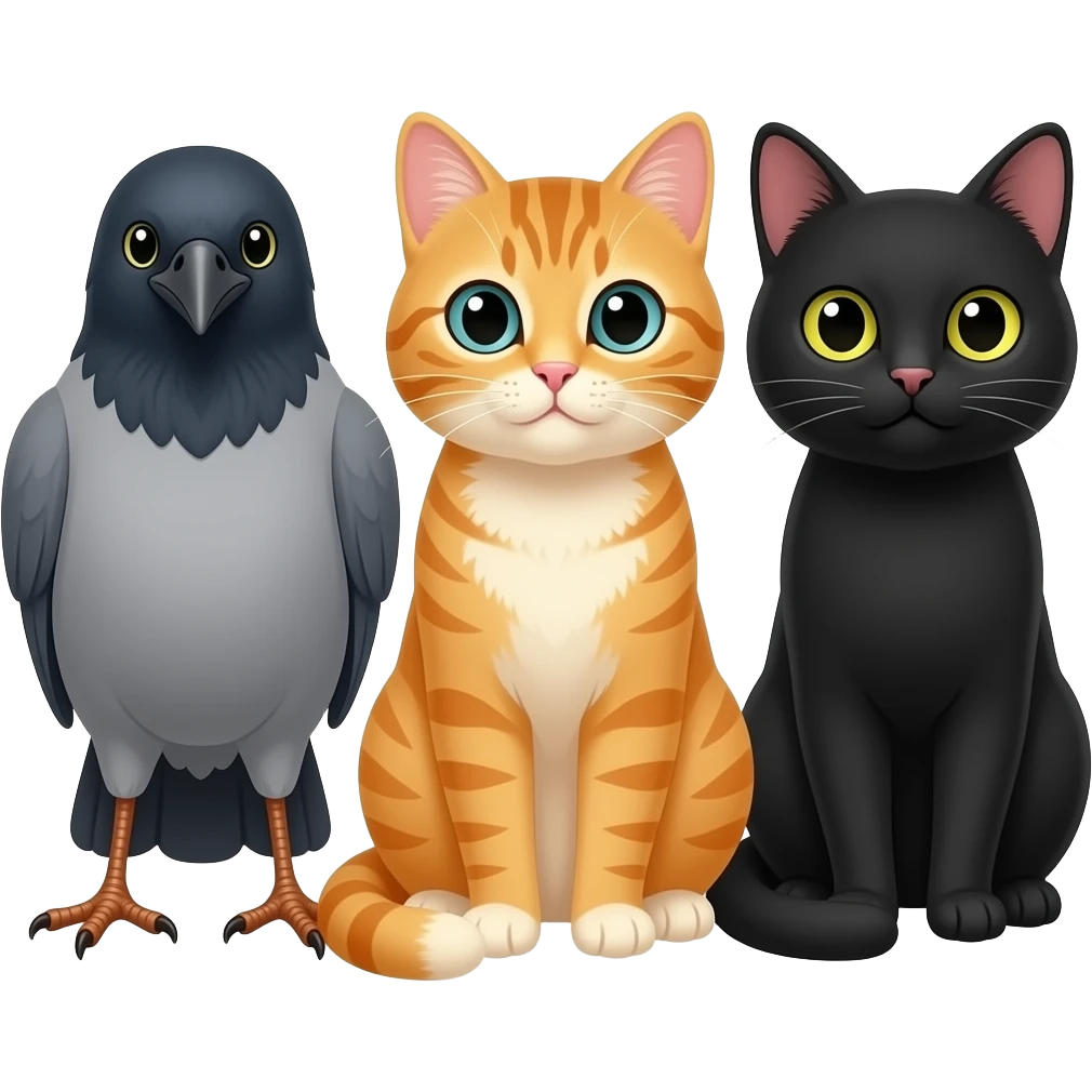 a grey crow and a ginger cat with a black cat emoji