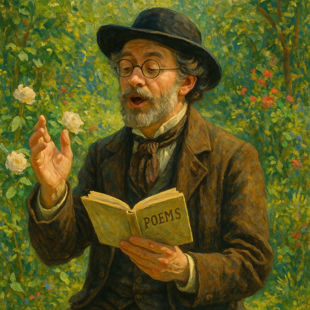 a creative poet with a chapeau and round glasses, dressed in old-fashioned clothes, reading poetry aloud in a lush garden emoji