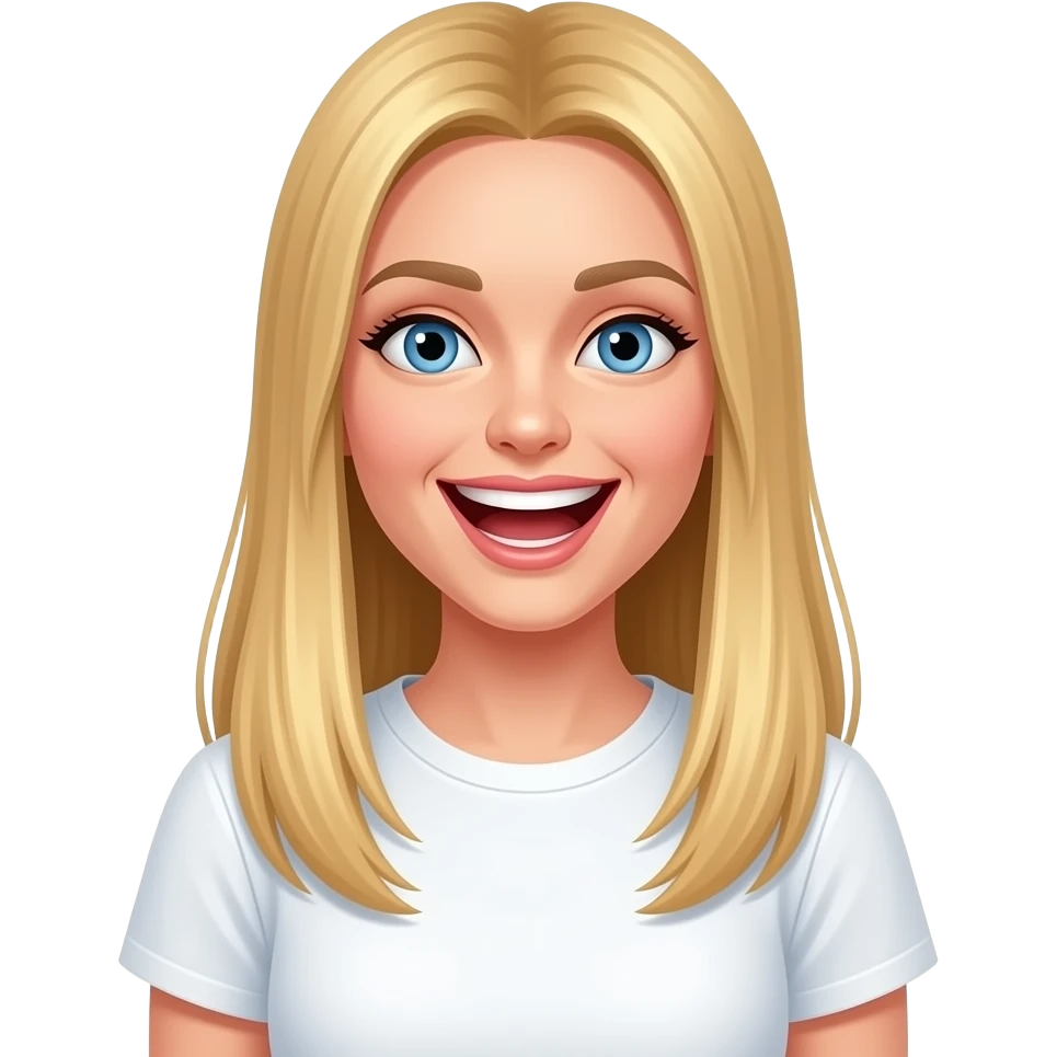 ragazza russa bionda occhi azzurri capelli lisci lunghi, ridere tanto  maglietta bianca emoji