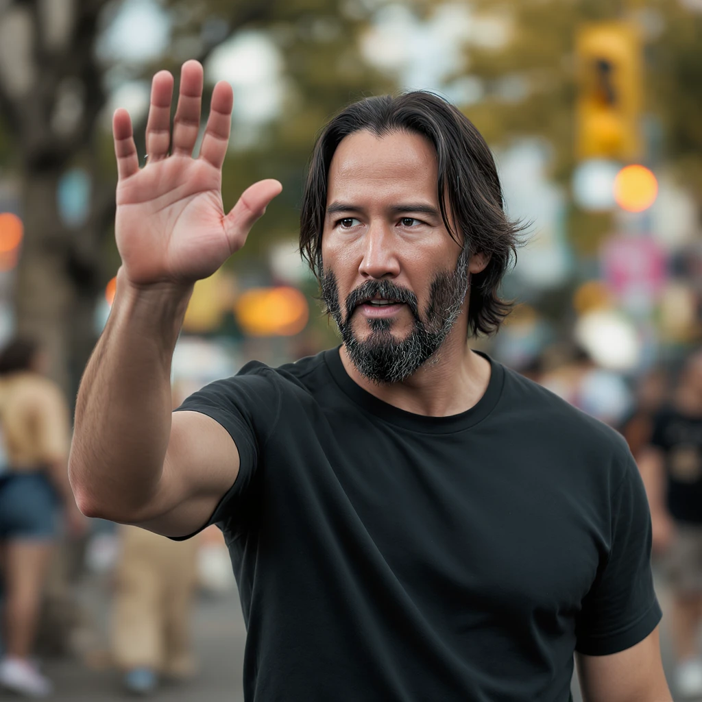 Keanu Reeves raising his hand up, realistic style, no text emoji