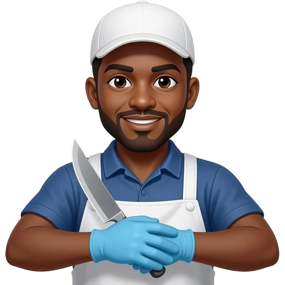 African Slaughter house worker with curved knife and blue gloves emoji