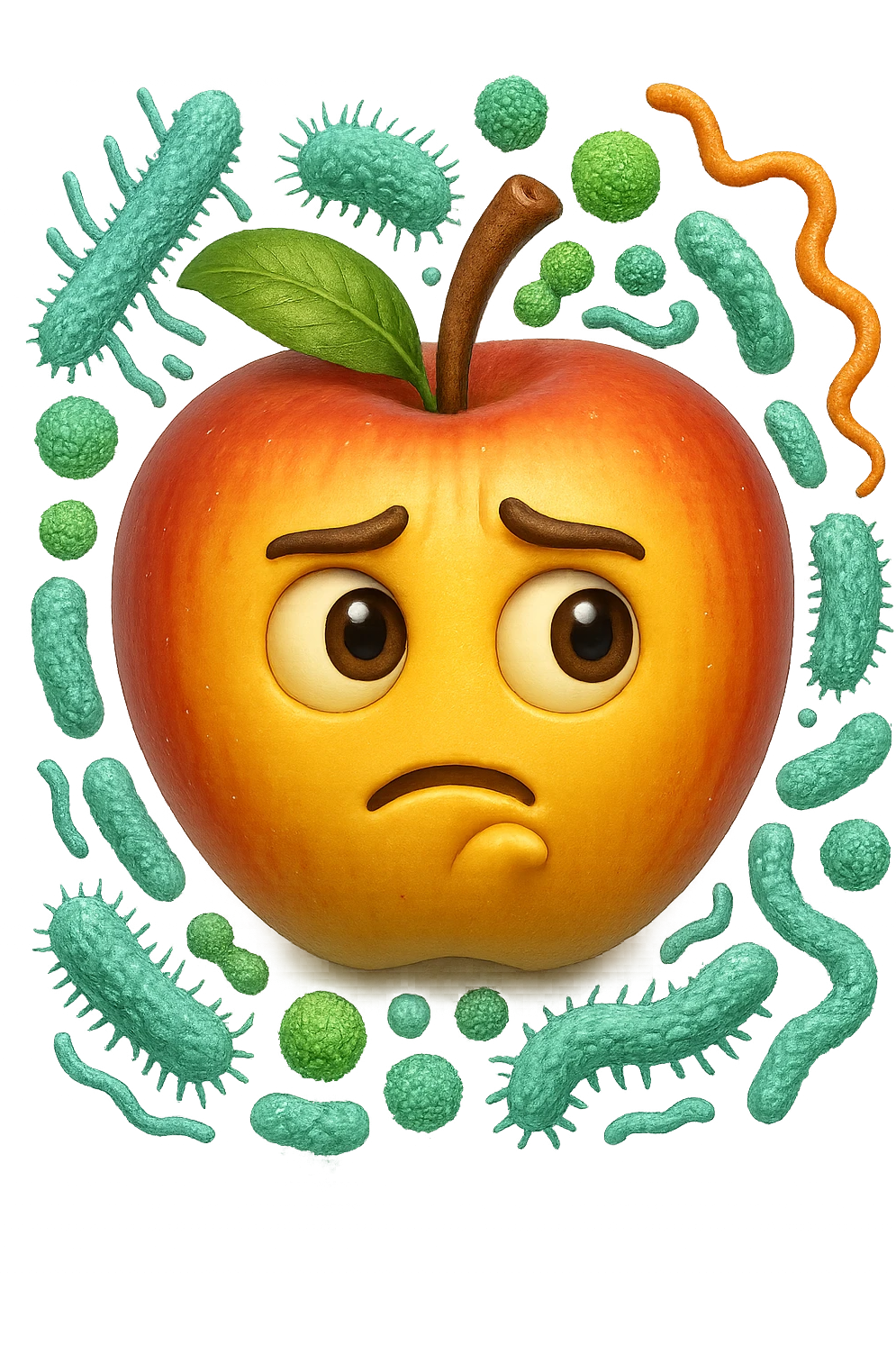 EMOJI STILE IPHONE DI una mela con espressione dubbiosa che intorno ha dei batteri intestinali, IPERREALISTICO 4K emoji
