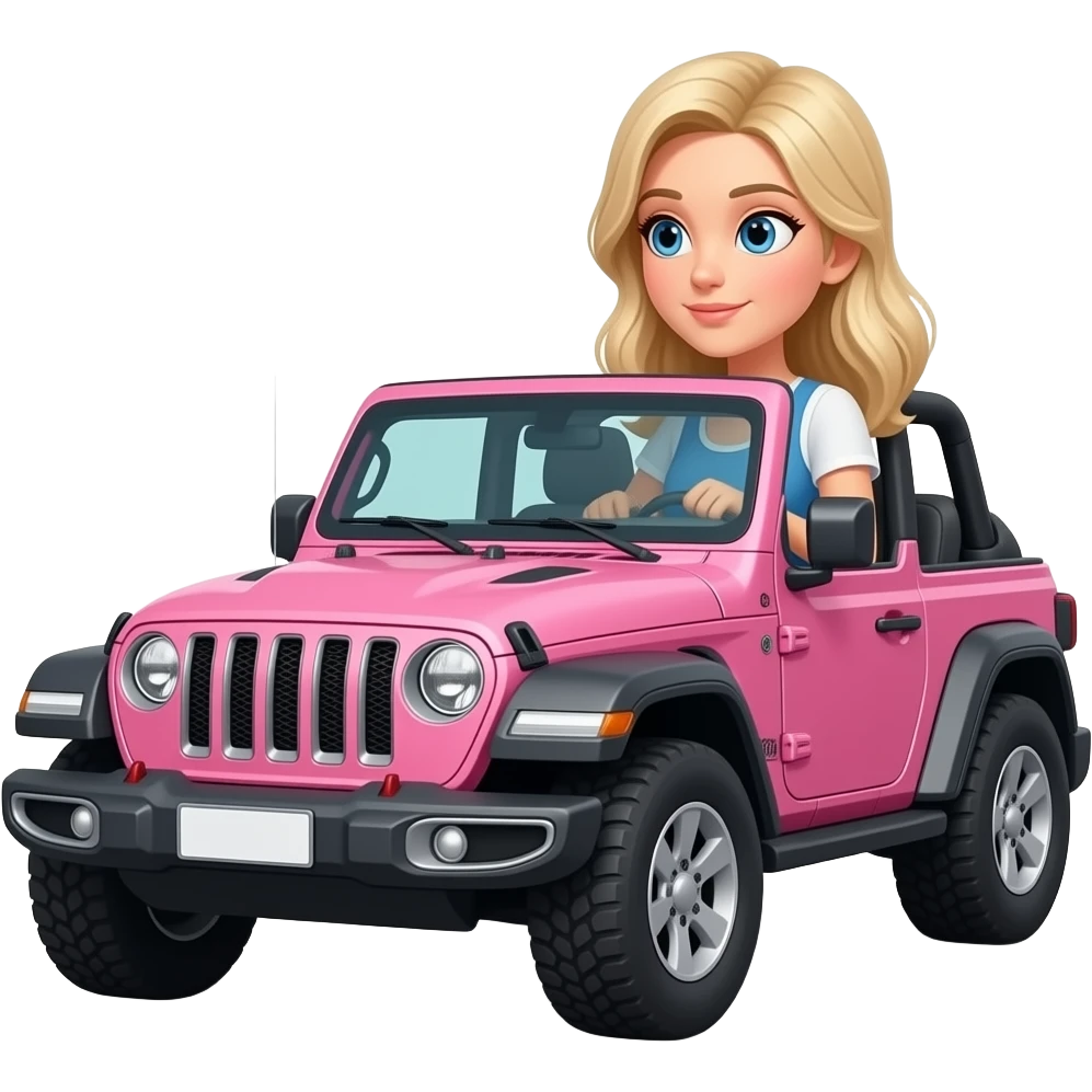 blonde girl with blue eyes in a pink jeep wrangler  driving to the left emoji