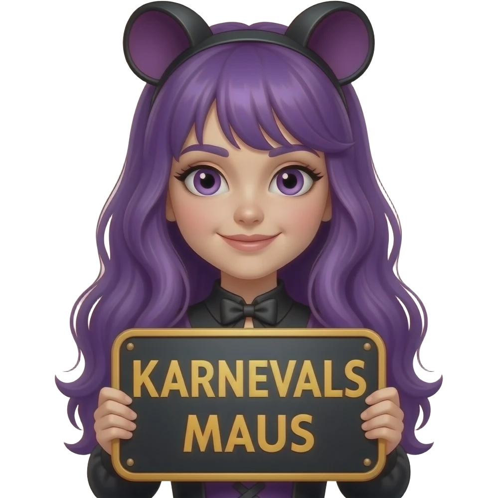 girl with long purple hair wearing a halloween costume holding a KARNEVALS MAUS sign emoji