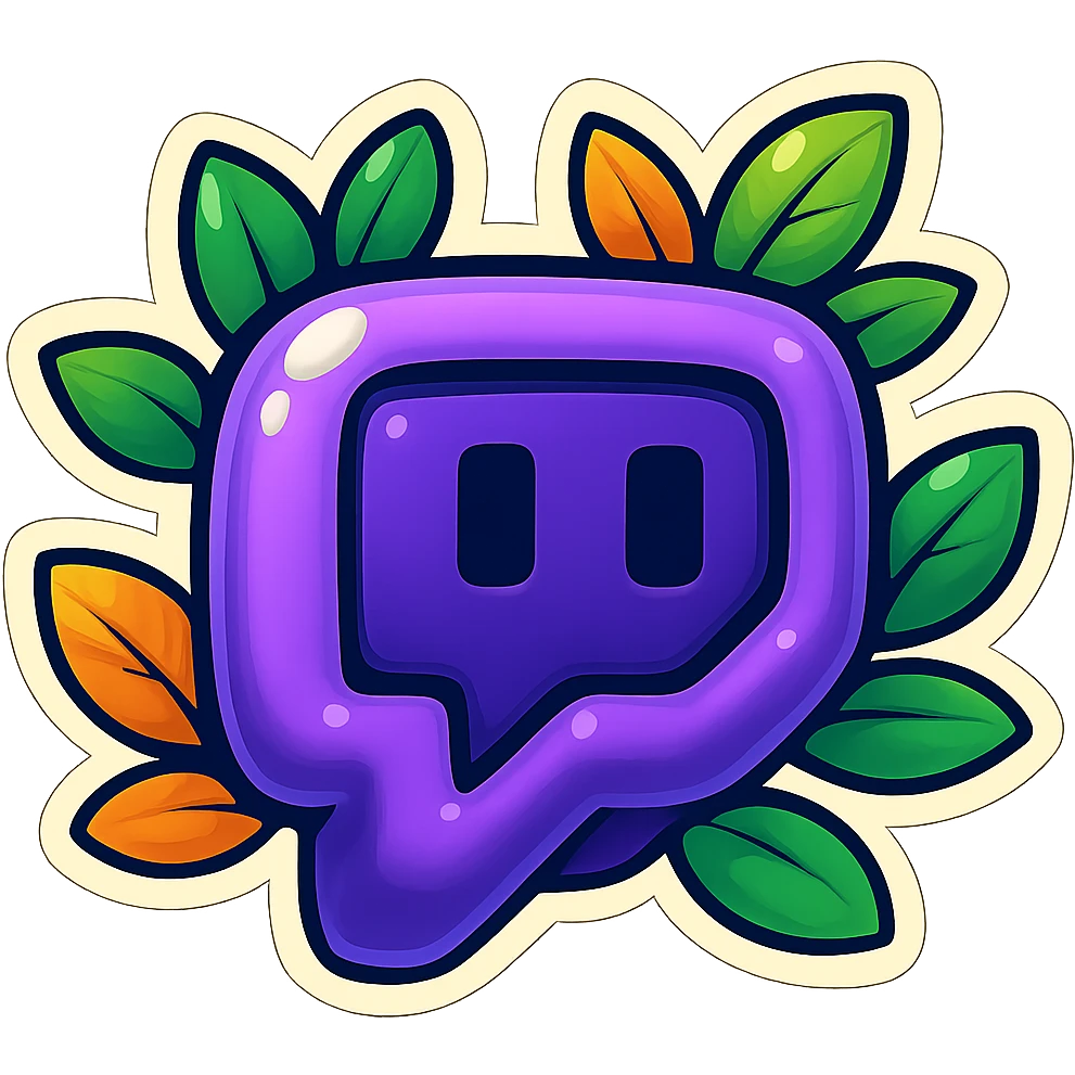 Make the Twitch logo even more rounded and plump, with a soft, puffy, cartoon look. Keep the bold outline, expressive shadows, glossy highlights, and bright leaves around the logo. No sharp corners, no background. Match the reference style but emphasize extra roundness and puffiness. emoji