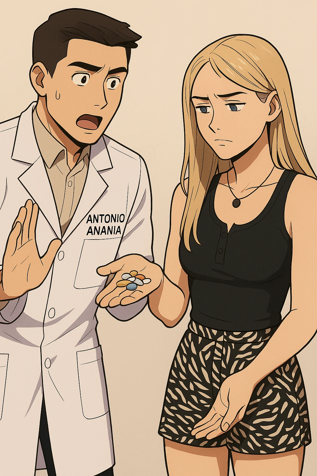fai un webtoon/manga a colori con questo kinesiologo in camice bianco (fagli la scritta "ANTONIO ANANIA" SUL CAMICE) CHE PARLA CON QUESTA RAGAZZA. LA RAGAZZA HA UN PUGNO DI INTEGRATORI IN MANO (TANTE PILLOLE DIVERSE) E LE GUARDA DUBBIOSA. IL KINESIOLOGO CON IL CAMICE BIANCO LE DOMANDA UNA COSA SCIOCCATO. NON FARE I FUMETTI, FAI SOLO LORO COME SE DIALOGASSERO emoji