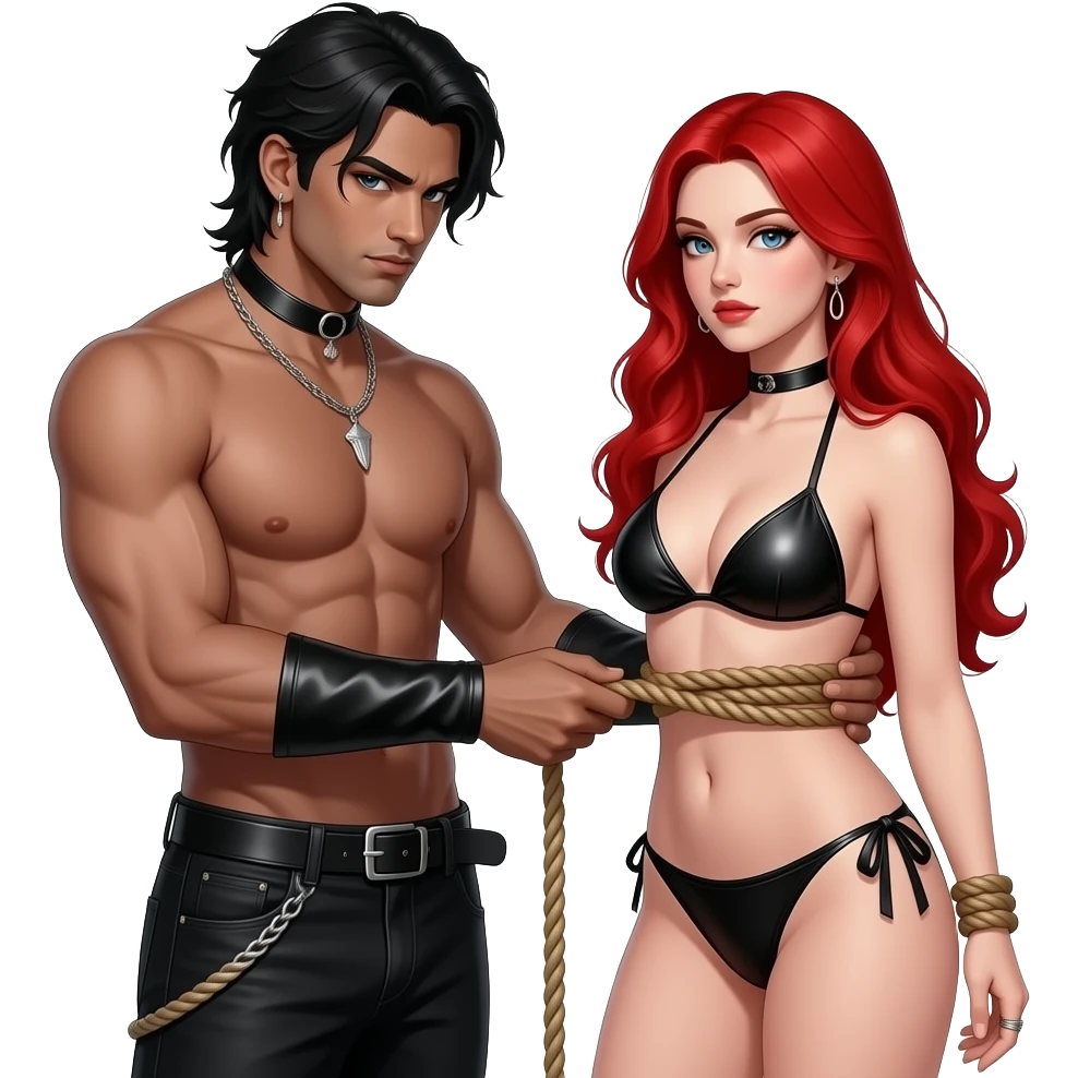 Gothic Man no shirt tying a Red haired Womans whole body in leather bikini with thick  rope emoji