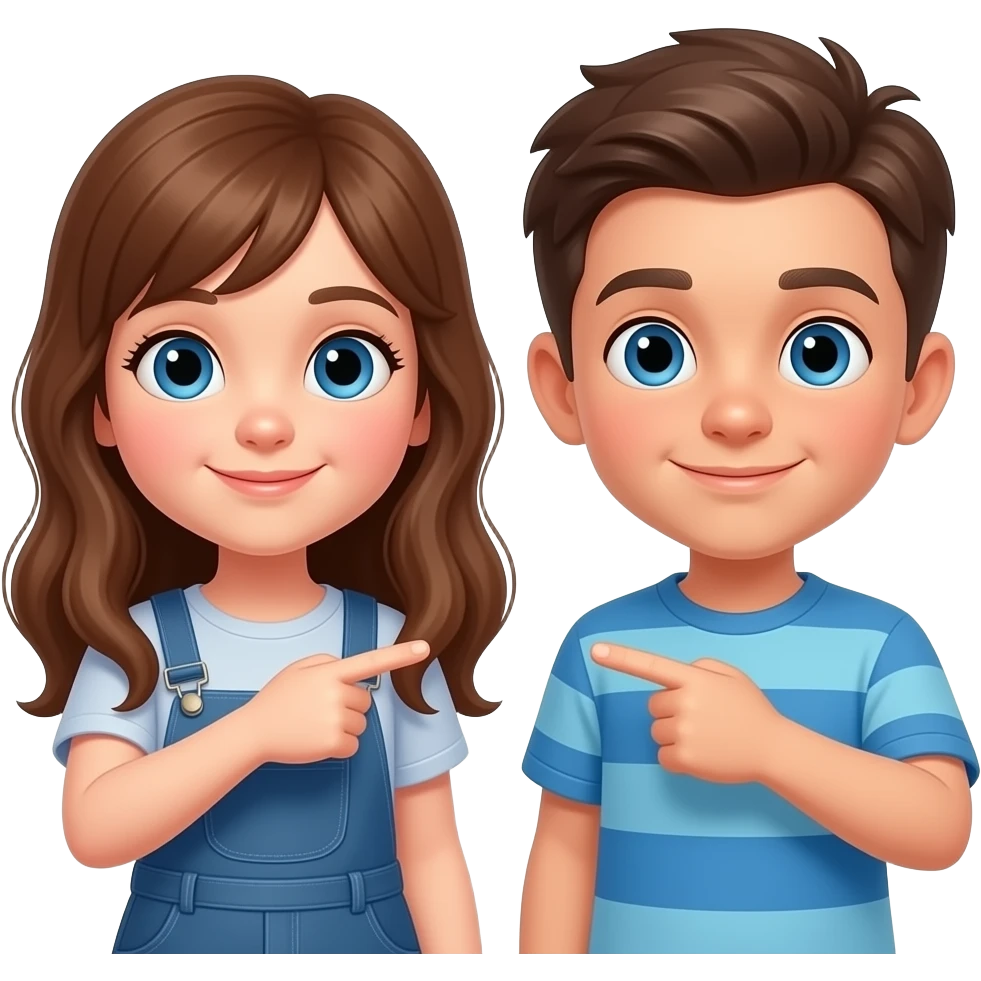 una niña i un niño señalando son hermanos con ojos azules la niña tiene el pelo marron avellana i largo emoji