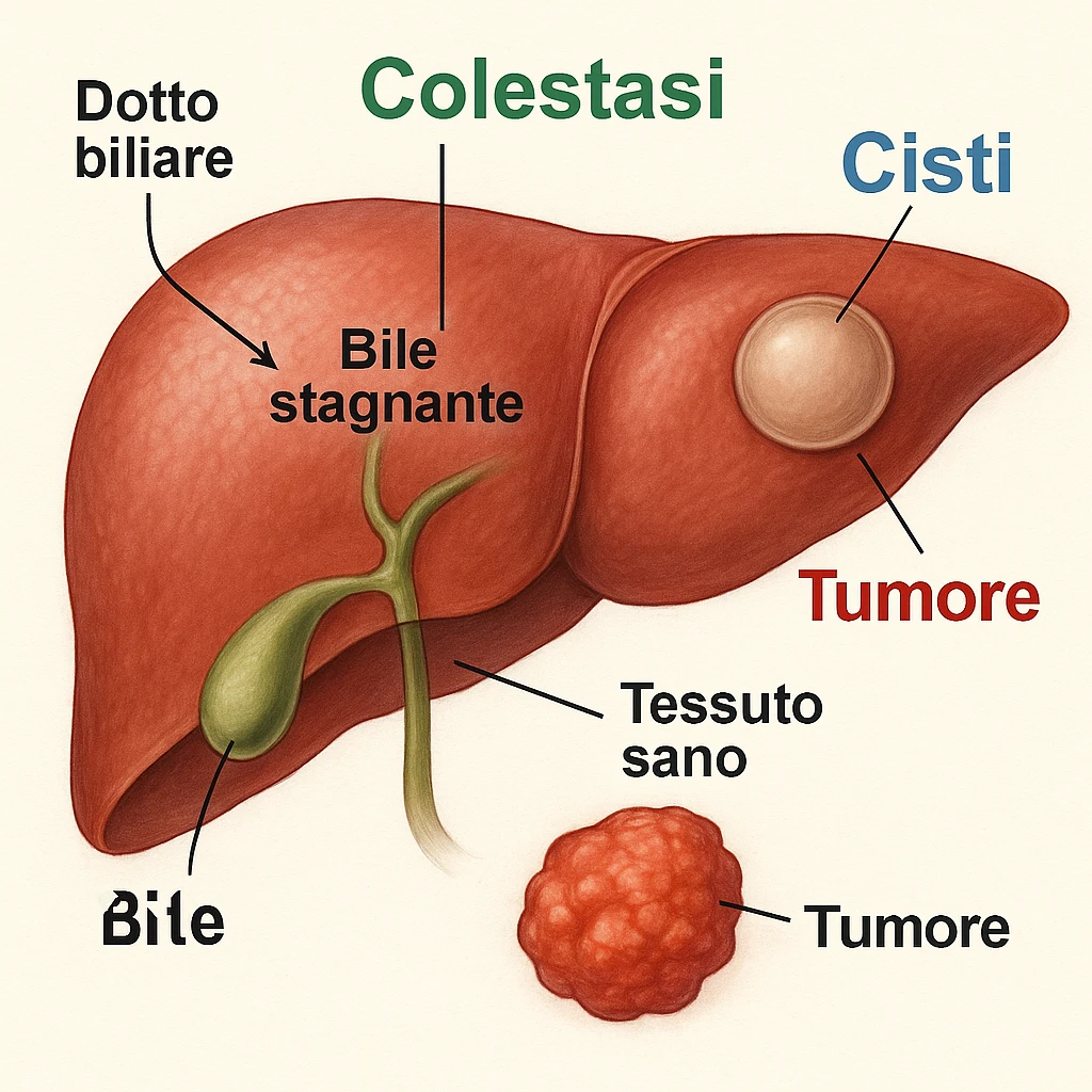 Realistic and detailed medical illustration of a liver with Italian text inside the image. Highlight "Colestasi" in green, "Cisti" in blue, "Tumore" in red, and add informative labels such as "Dotto biliare", "Bile stagnante", and "Tessuto sano". The style should be realistic, detailed, and informative, resembling a medical illustration. emoji