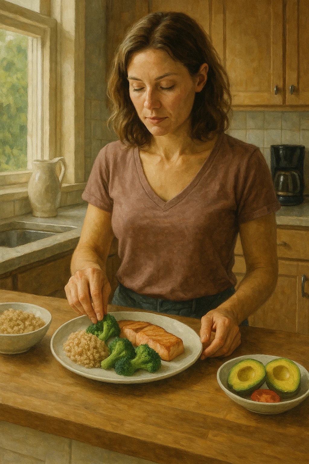 realistic style of a woman in the kitchen composing a fit and balanced plate with distinct portions of carbohydrates, proteins, and fats, natural light, aspect ratio 2:3 emoji