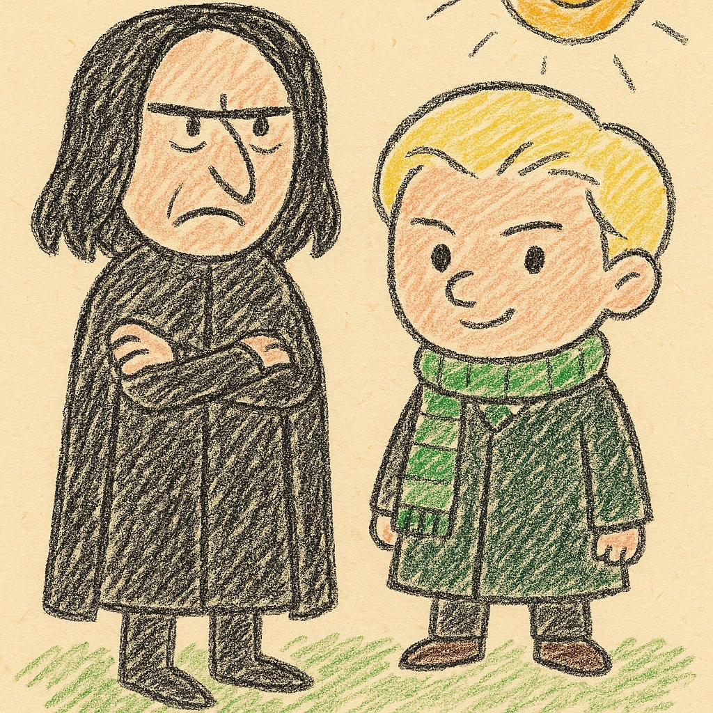 Cute, simplified cartoon illustration of Severus Snape and Draco Malfoy standing side by side, full body. Snape with straight black hair, serious expression, long black robe. Draco with light blonde hair, slightly arrogant expression, Slytherin robe and green and silver scarf. Bold black lines and soft colors, in the style of hand drawn children's illustration. emoji