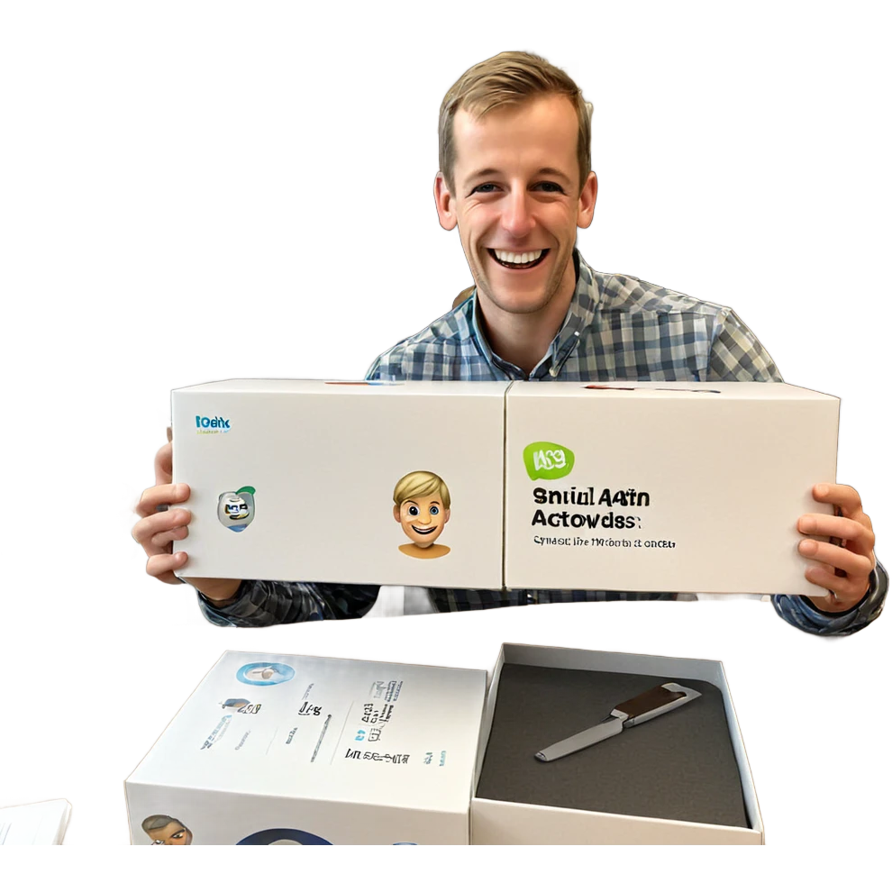 smiling boy with box indoors emoji