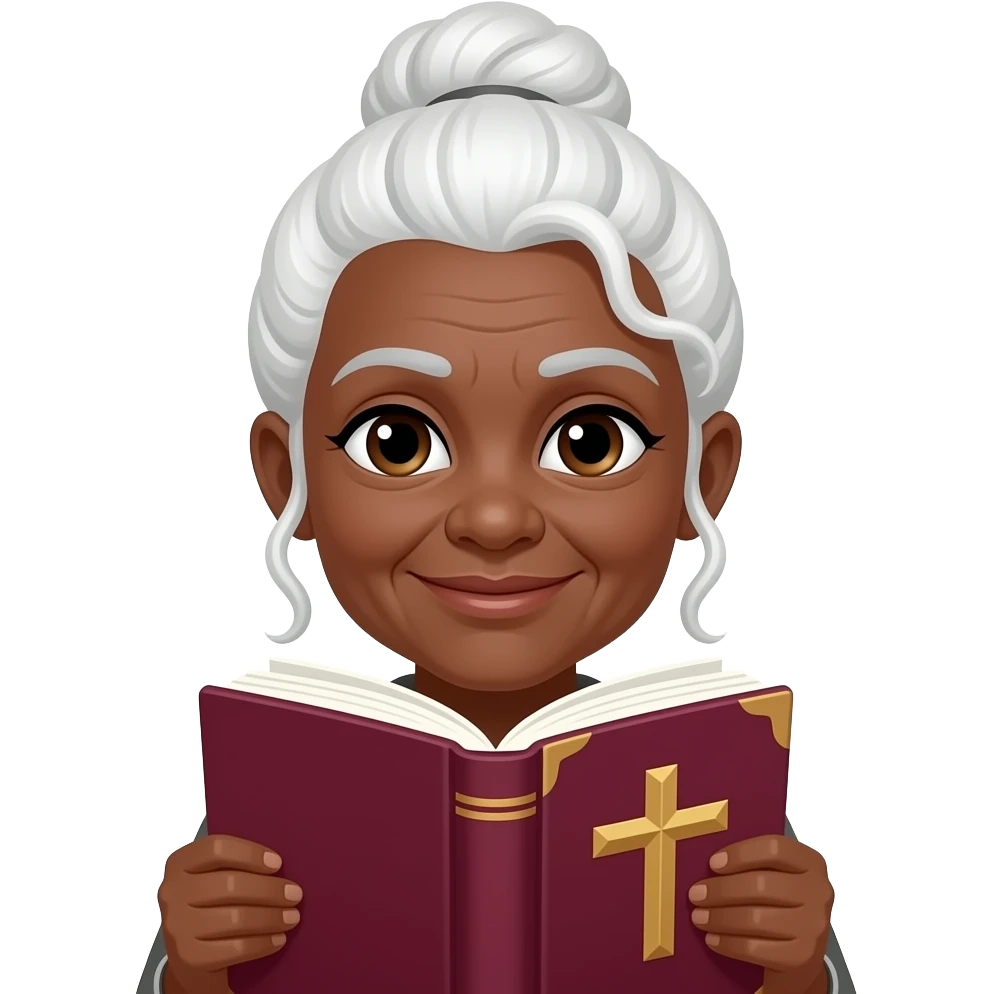 wise old woman with white hair tendrils in a bun black skin with burgundy book that has a cross on it emoji