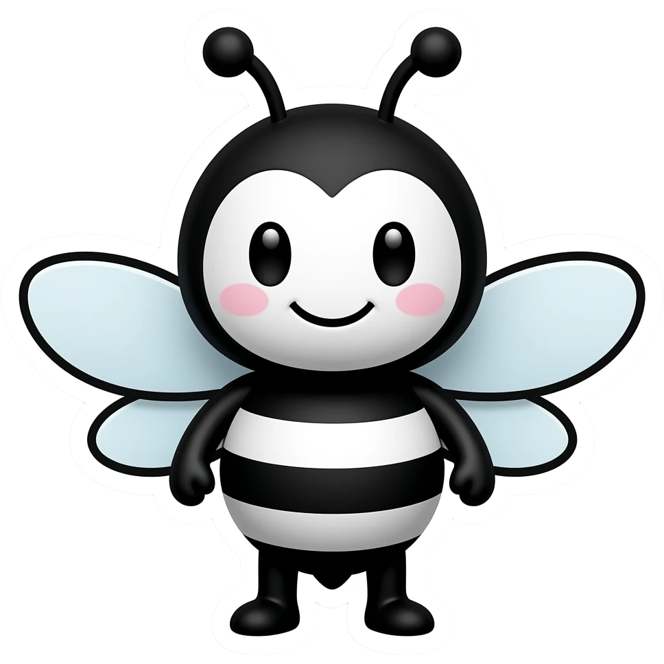 cute bee mascot, black and white minimal logo style, bold outline, sticker, smiling, happy expression, clean vector, white sticker border, transparent background emoji