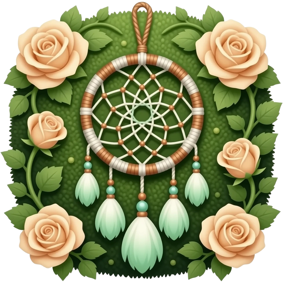 Cute dainty neat Pastel Green-white-brownish-beige-gradients thread-rope-hanging dreamcatcher, pastel colors, whitish, light, green academia aesthetic, mossy, with green vines and beige roses, Cottagecore, Princesscore, shiny glistening, vintage emoji