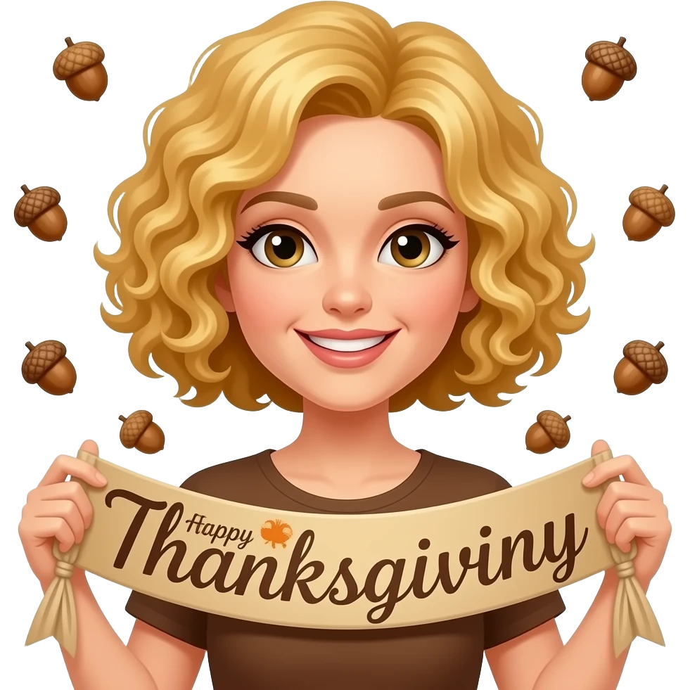 blonde tight curly hair in a short bob Happy Thanksgiving banner and acorns around emoji