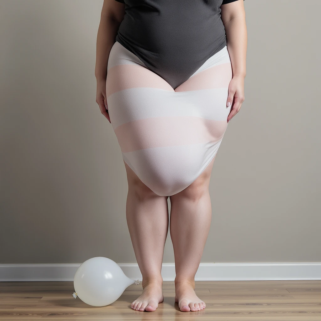 realistic woman with slightly swollen legs, balloon next to legs for comparison, natural colors, neutral atmosphere emoji