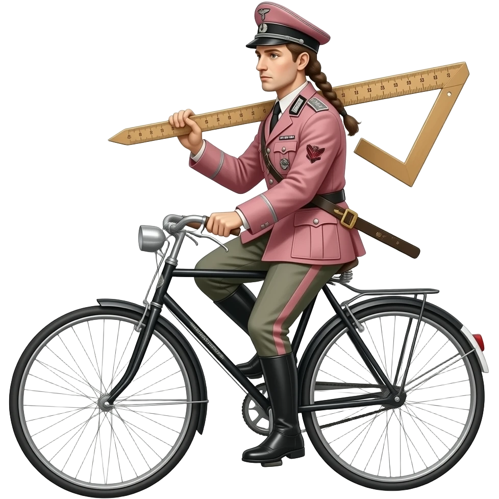 steampunk - Leonardo Da Vinci in a pink German World War II uniform transports the thin and serious Joan of Arc on a vélocipède, Joan of Arc carries a huge school caliper in her hands emoji