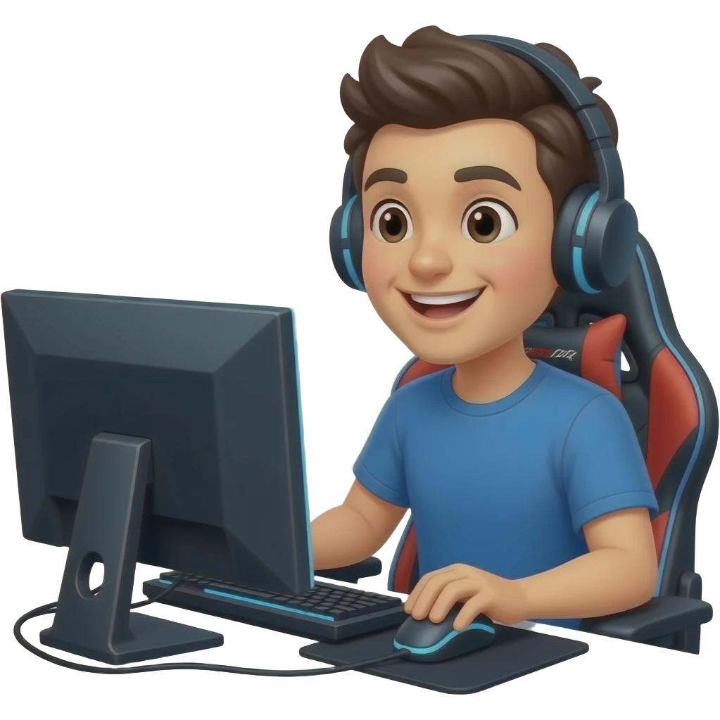 Блинчик  сидит за игровым пк и играет, он улыбается emoji