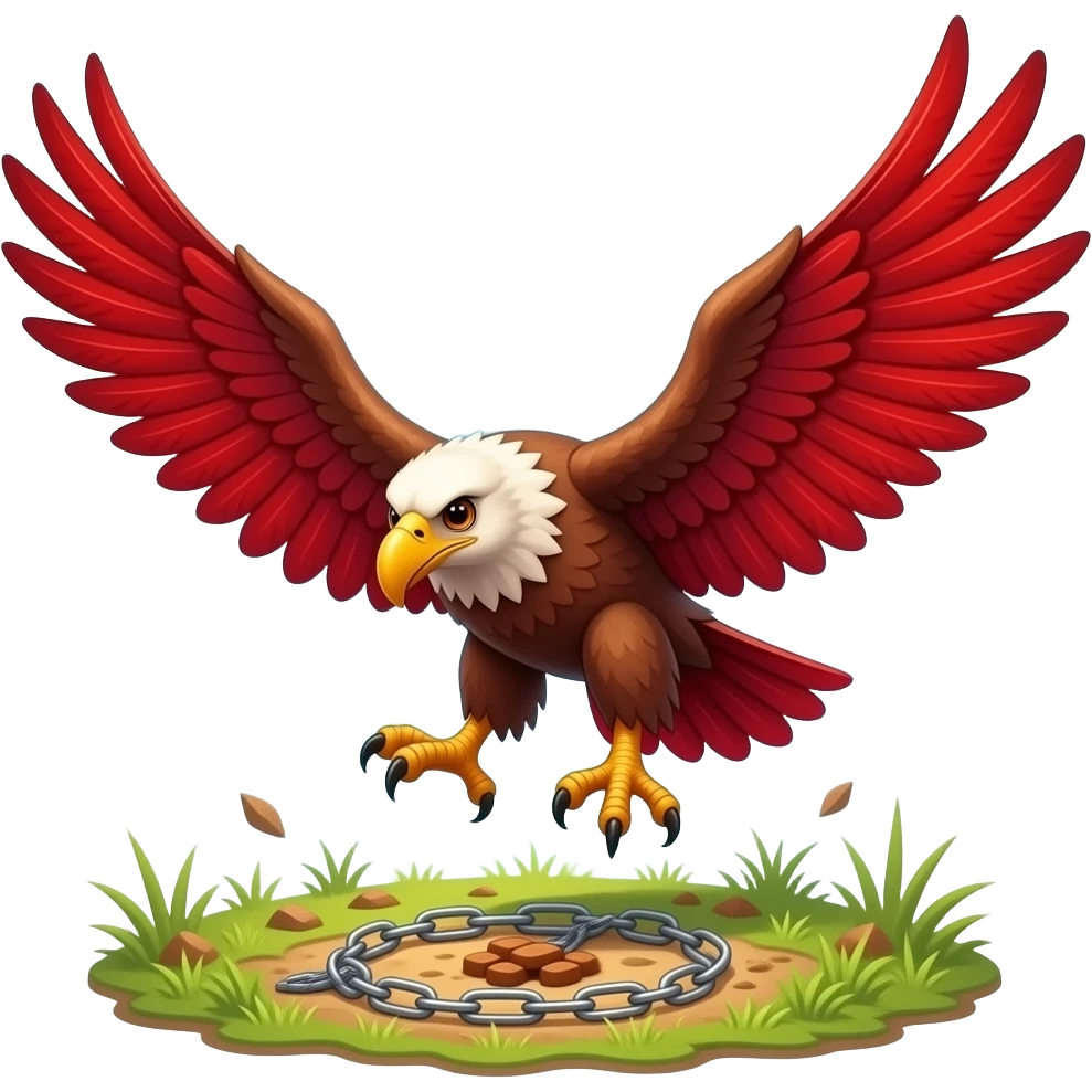 Sampati, the giant vulture prince with red wings, watchful eyes from the sky, clearing traps below, fierce expression, sunny sky background, card game style. emoji