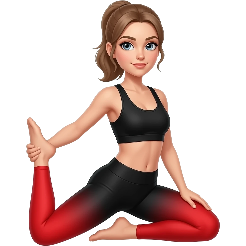 leg pain, full red glow covering both legs from hips to feet, woman holding one leg, fair-skinned woman, gray-blue eyes, ash brown brows, ash light brown hair tied back, slim athletic body, black workout set emoji