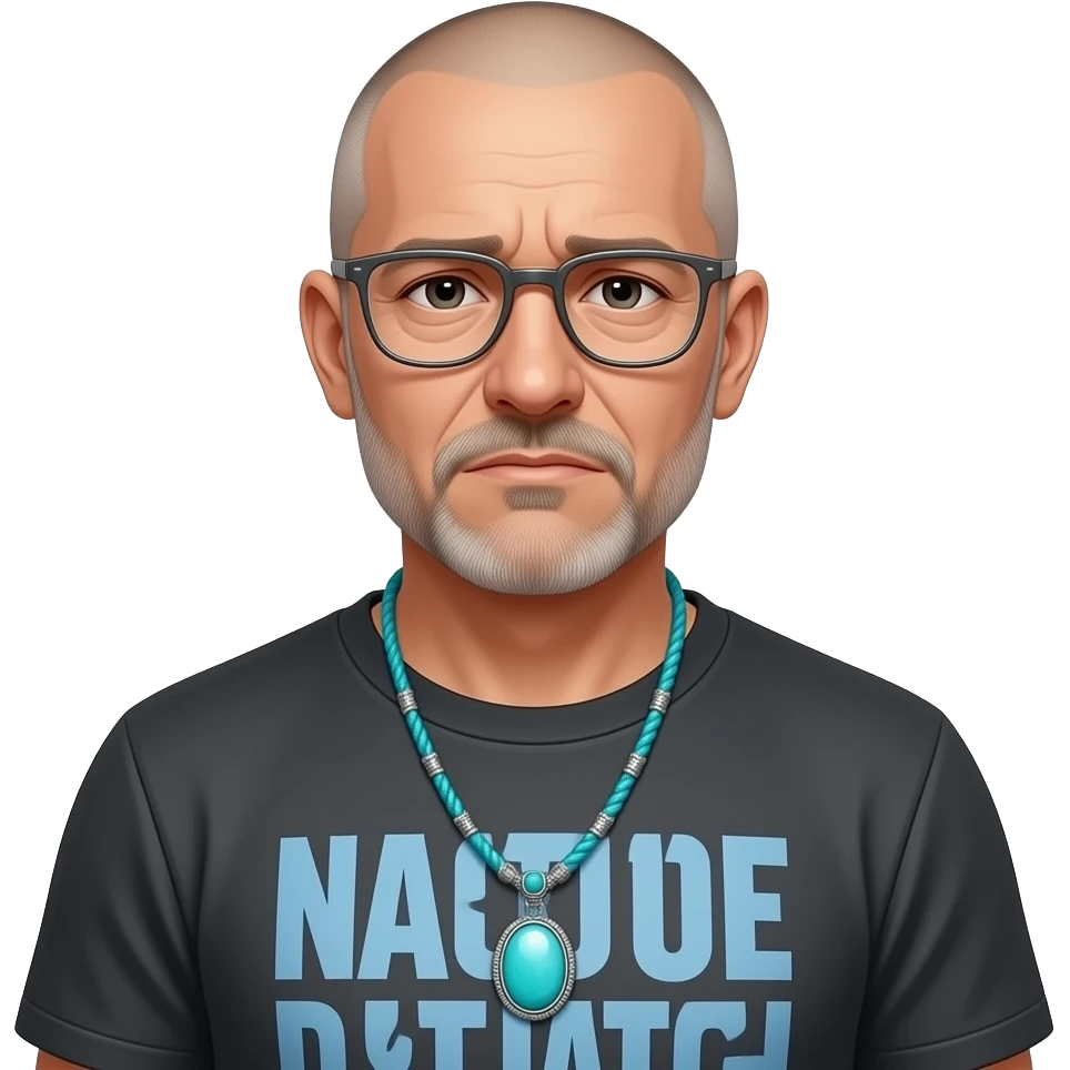 Turquoise semi-precious stone necklace on paracord t shirt sad almost bald shaved short hair full-length photo of extreme streetwear clean-shaven face cool boy thin metal-framed glasses ery entellectual man, 60 years old, street wear stubble, shaved short with clippers emoji