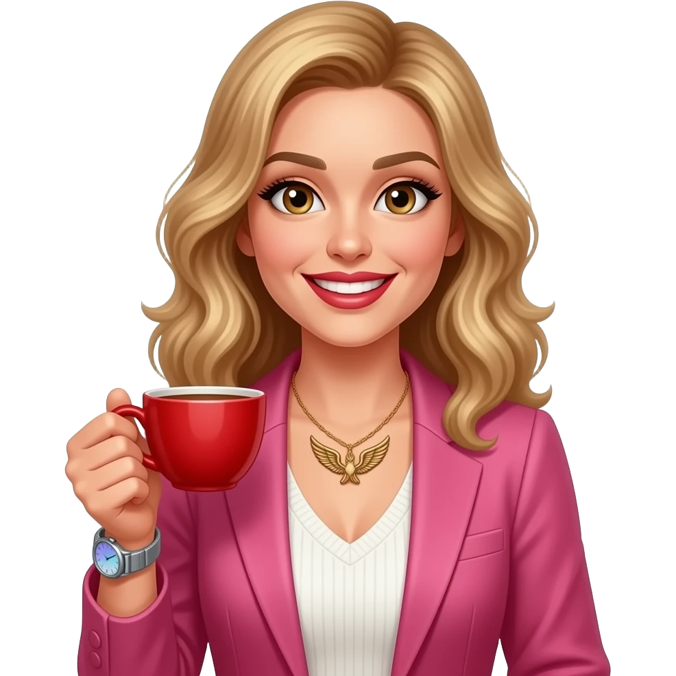 Slightly wavy blonde hair + Big light brown eyes with spark + happy teeth smile +  bronze color angel wing necklace + armwatch with blue&pink hologram dial and silver band + red lipstick + pink blazer + white pullover with open neck + with red coffee cup porcellain with handheld emoji