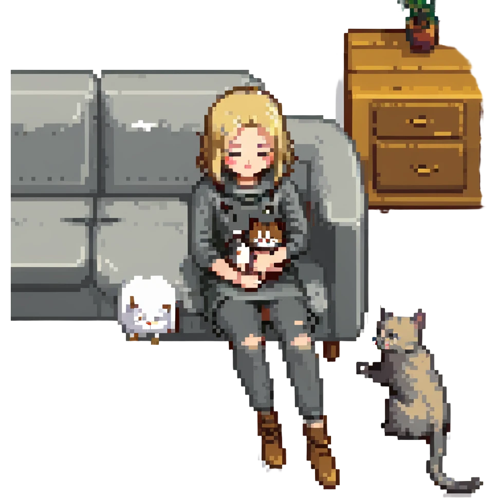 Remix using this girl as the character, petting a gray and blonde mixed cat in pixel art style. The girl is standing and the cat is rubbing against her leg. emoji