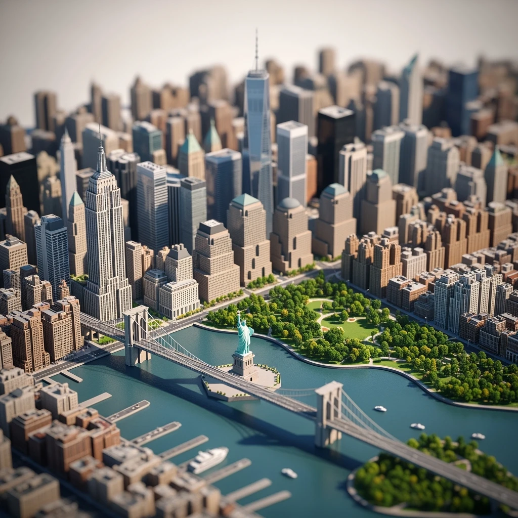 Isometric miniature of New York Сity Empire State Building, One World Trade Center, Statue of Liberty, Brooklyn Bridge, and Central Park 3D miniature effect and Tilt Shift effect, no cartoonish look, transparent background. emoji