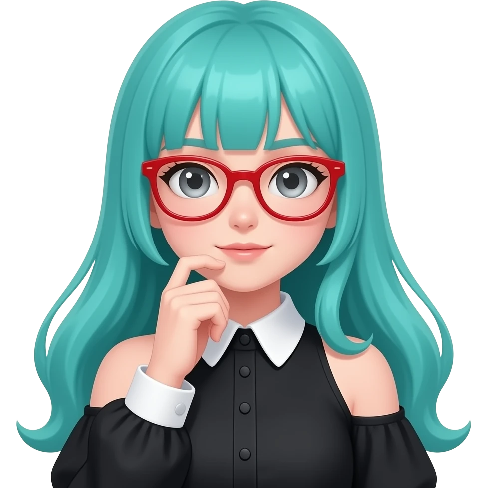 girl, thinking,red  glasses, long flowing teal hair, grey eyes, black shoulder cyberpunk blouse with fancy white collar emoji