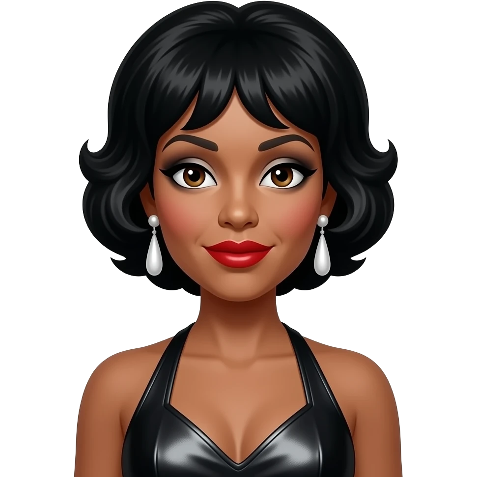 Patti LaBelle with dark brown eyes, black 60s beehive hair, black eyeshadow, red lipstick, black metallic halter dress, white earrings emoji