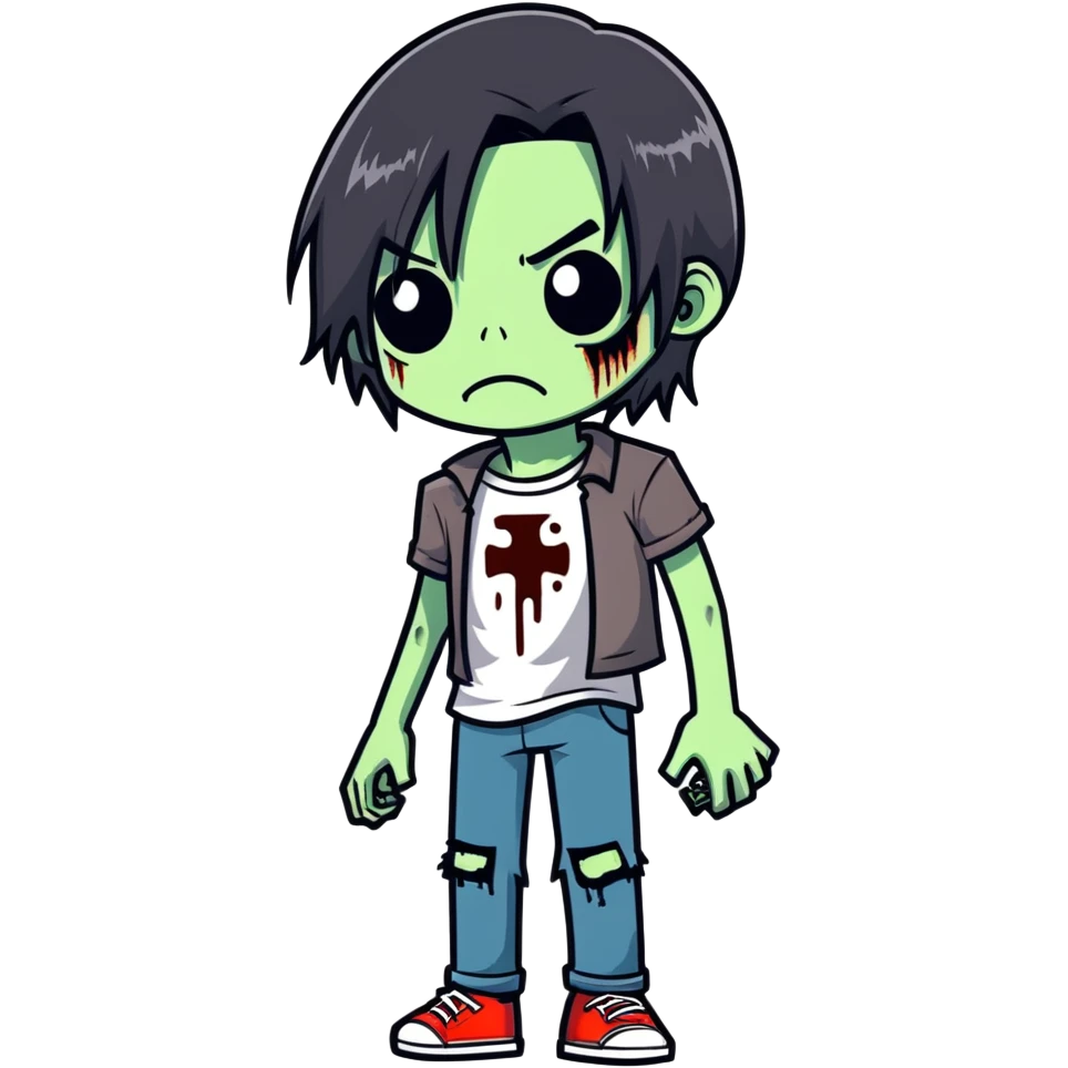 White boy, split hair black medium/long, with hurts, like zombie emoji