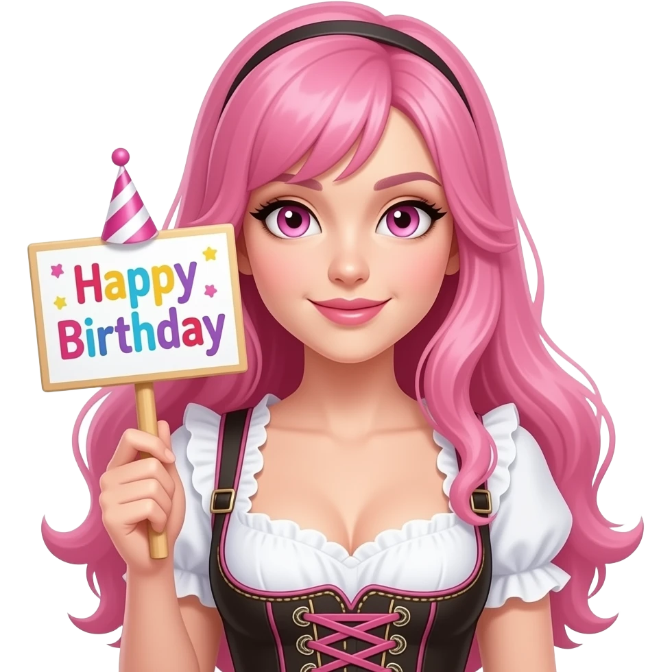 sexy girl with long pink hair and pink eyes wearing a dirndl holding a ALLES GUTE ZUM GEBURTSTAG sign emoji