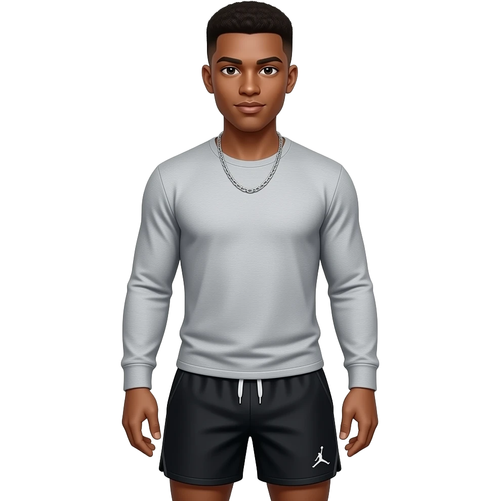 make a black skinned 20 year old no beard with a low taper fade wearing a thin grey long sleeve and nothing on it with black jordan shorts and make sure he looks athletic with a very thin silver chain with nothing on it emoji