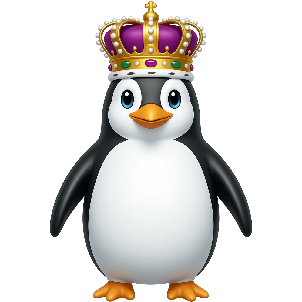 Büyücu penguen ve kafasında rengarenk kral tacı emoji