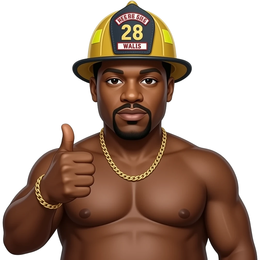 Biggie Smalls doing thumbs up wearing a fireman hat no shirt obese emoji