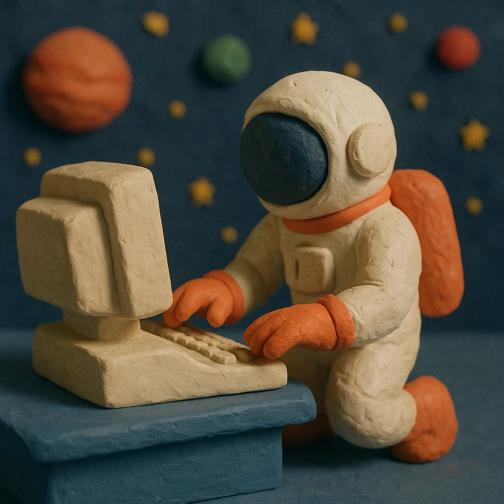 claymation style astronaut working on a computer, space background emoji